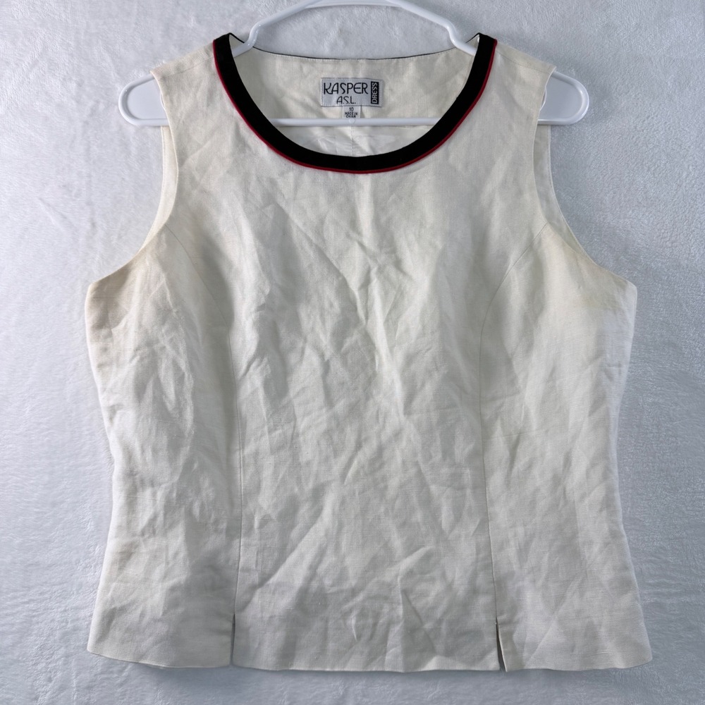 Womens Linen Blend Sleeveless Blouse Creamโ Contrast Trim Size 10 Work Top